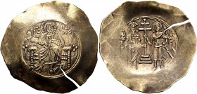 John II Comnenus, 1118-1143. Aspron Trachy (Electrum, 34 mm, 4.27 g, 5 h), Constantinopolis. Christ seated facing on throne without back, wearing pall...