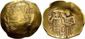 John III Ducas (Vatatzes), emperor of Nicaea, 1222-1254. Hyperpyron (Gold, 26 mm, 4.28 g, 6 h), Magnesia. Christ, nimbate, seated facing on throne, we...