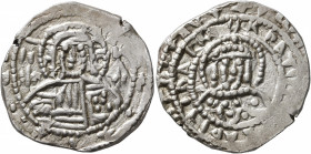 John V Palaeologus, 1341-1391. Stavraton (Silver, 25 mm, 8.34 g, 7 h), Phase VI, Constantinopolis, 1379-1391. Nimbate bust of Christ facing, flanked b...
