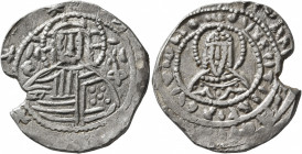 John V Palaeologus, 1341-1391. Stavraton (Silver, 27 mm, 8.38 g, 1 h), Phase VI, Constantinopolis, 1379-1391. Nimbate bust of Christ facing, flanked b...