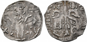 John V Palaeologus, with John VI, 1347-1353. Basilikon (Silver, 20 mm, 1.00 g, 6 h), Constantinopolis. Virgin Mary standing orans, nimbate and flanked...