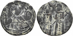 Uncertain Palaeologan issue, circa 1282-1453. AE (Bronze, 17 mm, 0.75 g, 12 h). Π[...]O(with uncertain letter above and below Half-length bust of unce...