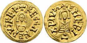 VISIGOTHS, Spain. Reccared I, 586-601. Tremissis (Gold, 18 mm, 1.53 g, 6 h), Emerita. ✠ RECCΛREbVS RE ✠ Bare-headed and draped facing bust of Reccared...