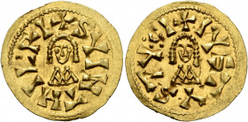 VISIGOTHS, Spain. Swinthila, 621-631. Tremissis (Gold, 20 mm, 1.33 g, 6 h), Tucci (Martos). ✠ SVINTHIL RI Bare-headed and draped facing bust of Swinth...