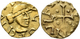 MEROVINGIANS. Uncertain. Circa 600-650. Tremissis (Gold, 12 mm, 1.23 g, 7 h), ...nulfus, moneyer. ✠ [...]VCO Pearl-diademed head to right. Rev. [...]N...