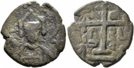 CRUSADERS. Edessa. Joscelin I de Courtenay or Joscelin II, 1119-1150. Follis (Bronze, 19 mm, 3.55 g, 6 h). Nimbate and crowned bust facing, holding bo...