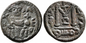 ISLAMIC, Umayyad Caliphate. temp. Mu'awiya I ibn Abi Sufyan, AH 41-60 / AD 661-680. Fals (Bronze, 17 mm, 4.00 g, 7 h), Arab-Byzantine type, Dimashq. I...