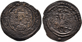 ISLAMIC, Umayyad Caliphate. temp. al-Walid I ibn 'Abd al-Malik, AH 86-96 / AD 705-715. Pashiz (Bronze, 18 mm, 0.69 g, 3 h), Arab-Sasanian type, citing...