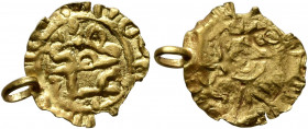 ISLAMIC, 'Abbasid Caliphate. Uncertain period. Bracteate (Gold, 11 mm, 0.14 g), citing 'Muhammad' in Kufic. Original suspension loop attached and with...