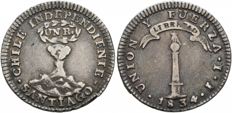 CHILE, Republic. 1818-present. Real (Silver, 21 mm, 3.46 g, 12 h), Santiago, 183...