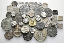 A lot containing 1 gold (plated), 18 silver and 15 bronze coins, 4 bronze weights and 2 lead seals. Includes: Greek, Roman Provincial, Roman Imperial,...