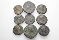 A lot containing 9 bronze coins. All: Roman Imperial. Fine to about very fine. LOT SOLD AS IS, NO RETURNS. 9 coins in lot (with old coin flips and tic...