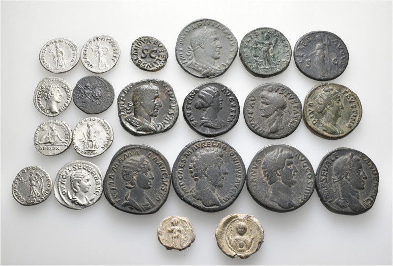 A lot containing 7 silver, 13 bronze coins and 2 lead seals. Includes: Roman Imp...