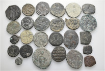 A lot containing 26 bronze coins. All: Byzantine. Fine to about very fine. LOT SOLD AS IS, NO RETURNS. 26 coins in lot.