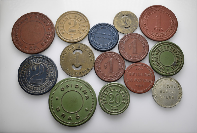 A lot containing 14 vulcanite mine tokens. All: Chile. About very fine to good v...