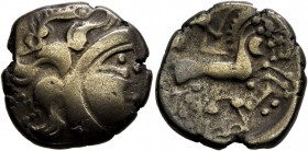 NORTHWEST GAUL. Baiocassi. 2nd-1st century BC. Stater (Electrum, 20 mm, 5.48 g, 9 h), 'au sanglier' and 'au profil géométrique' type. Celticized male ...