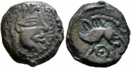 NORTHEAST GAUL. Veliocassi. Circa 50-30 BC. AE (Bronze, 15 mm, 2.52 g, 6 h). Celticized male head to right. Rev. Boar standing left; below, wheel. DT ...