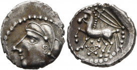 CENTRAL GAUL. Bituriges Cubi. Circa 80-50 BC. Quinarius (Silver, 15 mm, 2.00 g, 10 h), 'à l'épée' type. Celticized male head with thick locks to left....