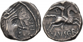 SOUTHERN GAUL. Allobroges. Circa 61-40 BC. Quinarius (Silver, 14 mm, 1.93 g, 3 h), Durnacos. [DVR]NACOS Head ot Athena to right, wearing winged helmet...