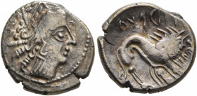 SOUTHERN GAUL. Insubres. Late 2nd-early 1st century BC. Drachm (Silver, 16 mm, 2.60 g, 9 h), imitating Massalia. Female head to right, wearing triple-...