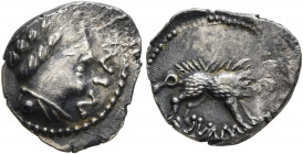 CENTRAL EUROPE. Rauraci. Circa 50-30 BC. Quinarius (Silver, 14 mm, 1.70 g, 9 h), Ninno. NINNO Draped bust of a youthful male to right. Rev. MAVC Boar ...