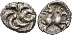 CENTRAL EUROPE. Vindelici. Mid 1st century BC. Quinarius (Silver, 13 mm, 1.81 g), 'Büschelquinar' type. Head devolved into a bush. Rev. Horse gallopin...