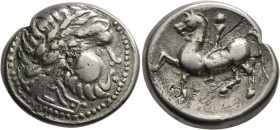 CARPATHIAN REGION. Uncertain tribe. Circa 3rd century BC. Tetradrachm (Silver, 26 mm, 13.13 g, 11 h), 'Kegelreiter' type. Celticized laureate head of ...