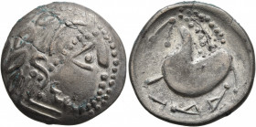 CARPATHIAN REGION. Uncertain tribe. Circa 2nd century BC. 'Tetradrachm' (Silver, 22 mm, 7.76 g, 1 h), 'Schnabelpferd' type. Celticized laureate head o...