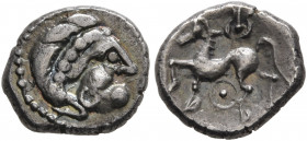 MIDDLE DANUBE. Uncertain tribe. 2nd century BC. Obol (Silver, 10 mm, 0.80 g, 1 h), 'Leierblume' type. Imitating Philip II of Macedon. Celticized diade...