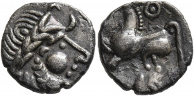 MIDDLE DANUBE. Uncertain tribe. 2nd-1st centuries BC. Drachm (Silver, 15 mm, 1.80 g, 12 h), 'Kugelwange' type. Celticized laureate head of Zeus to rig...