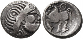 MIDDLE DANUBE. Uncertain tribe. 2nd-1st centuries BC. Drachm (Silver, 14 mm, 2.13 g, 11 h), 'Kugelwange' type. Celticized laureate head of Zeus to rig...