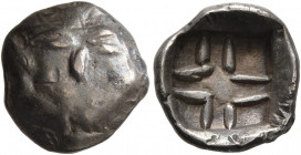LOWER DANUBE. Uncertain tribe. 3rd to 2nd centuries BC. Drachm (Silver, 12 mm, 1.49 g), imitating Parion. Celticized facing head of gorgoneion. Rev. C...
