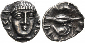 CAMPANIA. Phistelia. Circa 325-275 BC. Obol (Silver, 11 mm, 0.71 g). ΦΙΣΤE-ΛIA Young male head facing, turned slightly to right. Rev. &#66330;&#66313;...