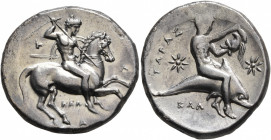 CALABRIA. Tarentum. Circa 333-331/0 BC. Didrachm or Nomos (Silver, 24 mm, 7.95 g, 4 h), Kal..., magistrate. Ւ - Λ / KAΛ / A Nude warrior on horseback ...