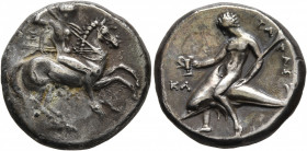 CALABRIA. Tarentum. Circa 315-302 BC. Didrachm or Nomos (Silver, 20 mm, 7.82 g, 6 h), Kl... and Ari..., magistrates. Nude, helmeted rider on horse gal...