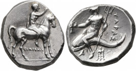 CALABRIA. Tarentum. Circa 272-240 BC. Didrachm (Silver, 20 mm, 6.55 g, 10 h), Philiskos, magistrate. Youth riding horse walking to right, raising his ...
