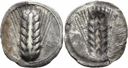 LUCANIA. Metapontion. Circa 470-440 BC. Stater (Silver, 30 mm, 6.70 g, 12 h). [M]E-T[A] Ear of barley with seven grains; around, border of dots. Rev. ...