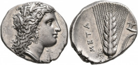 LUCANIA. Metapontion. Circa 330-290 BC. Didrachm or Nomos (Silver, 22 mm, 7.97 g, 1 h). Head of Demeter to right, wearing wreath of barley ears, penda...