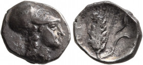 LUCANIA. Metapontion. Circa 325-275 BC. Diobol (Silver, 11 mm, 1.11 g, 4 h). Head of Athena to right, wearing Corinthian helmet. Rev. META Barley ear ...