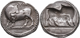 LUCANIA. Sybaris. Circa 550-510 BC. Stater (Silver, 27 mm, 7.87 g, 12 h). YM Bull standing left on dotted ground line, his head turned back to right; ...