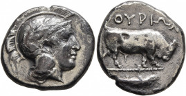 LUCANIA. Thourioi. Circa 443-400 BC. Didrachm or Nomos (Silver, 21 mm, 7.10 g, 4 h). Head of Athena to right, wearing crested and laureate Attic helme...