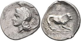 LUCANIA. Velia. Circa 280. Didrachm or Nomos (Silver, 23 mm, 7.37 g, 9 h). Head of Athena to left, wearing crested Attic helmet decorated with a griff...