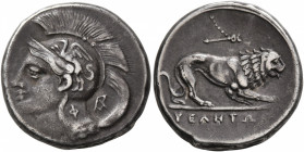 LUCANIA. Velia. Circa 280 BC. Didrachm or Nomos (Silver, 21 mm, 7.51 g, 1 h). Head of Athena to left, wearing crested Attic helmet decorated with a gr...