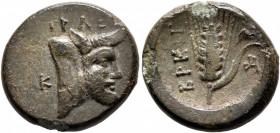 BRUTTIUM. Breig…. Circa 340-320 BC. Hemiobol (?) (Bronze, 18 mm, 3.79 g, 6 h), struck at Metapontion (?). ΤΡΑΕΣ Forepart of the river-god Traes, in th...