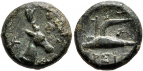 BRUTTIUM. Breig…. Circa 340-320 BC. Dichalkon (?) (Bronze, 12 mm, 2.34 g, 3 h), struck at Metapontion (?). K-A Head of a stag to right. Rev. [B]ΡΕΙ[Γ]...