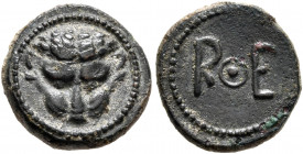 BRUTTIUM. Rhegion. Circa 450-425 BC. Onkia (Bronze, 12 mm, 1.69 g, 2 h). Facing head of a lion. Rev. R-E flanking pellet-in-circle. HN Italy 2516. Rut...
