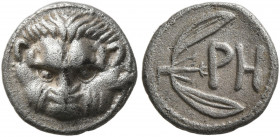 BRUTTIUM. Rhegion. Circa 415/0-387 BC. Litra (Silver, 10 mm, 0.79 g, 8 h). Facing head of a lion. Rev. PH within olive sprig. Herzfelder pl. XI, J. HN...