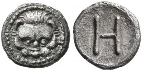 BRUTTIUM. Rhegion. Circa 415/0-387 BC. Hemilitron (Silver, 8 mm, 0.29 g). Facing head of a lion. Rev. H. Rev. H. Herzfelder pl. XI, K. HN Italy 2500. ...