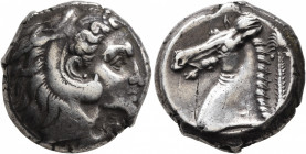 SICILY. Entella (?). Punic issues, circa 300-289 BC. Tetradrachm (Silver, 22 mm, 17.00 g, 7 h). Head of Herakles to right, wearing lion skin headdress...