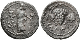 SICILY. Galaria. Circa 430-420 BC. Litra (Silver, 11 mm, 0.79 g, 1 h). Dionysos standing front, head to left, holding kantharos in his right hand and ...